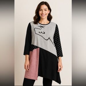 AHNI Womens Tunic Asymmetrical Patchwork Polka Dot Linen Blend XL USA